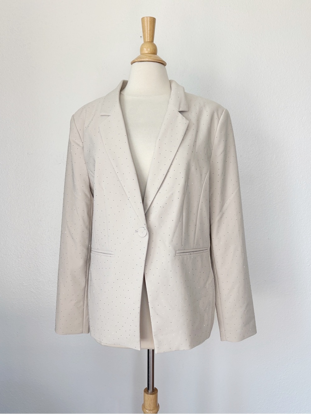 Cream Rhinestone Embellished Single-Button Blazer Jacket